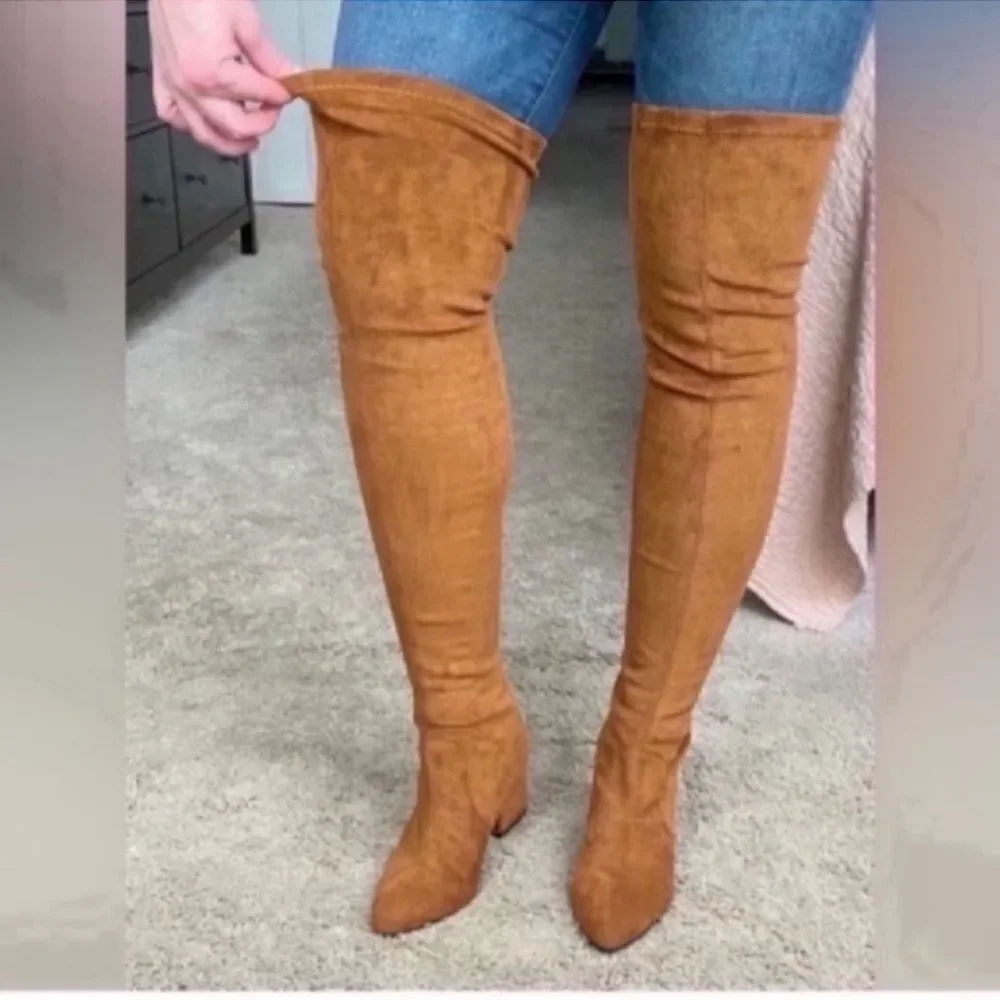 New Marlo' Women’s Tan Over The Knee Suede Leather Boots Size 36